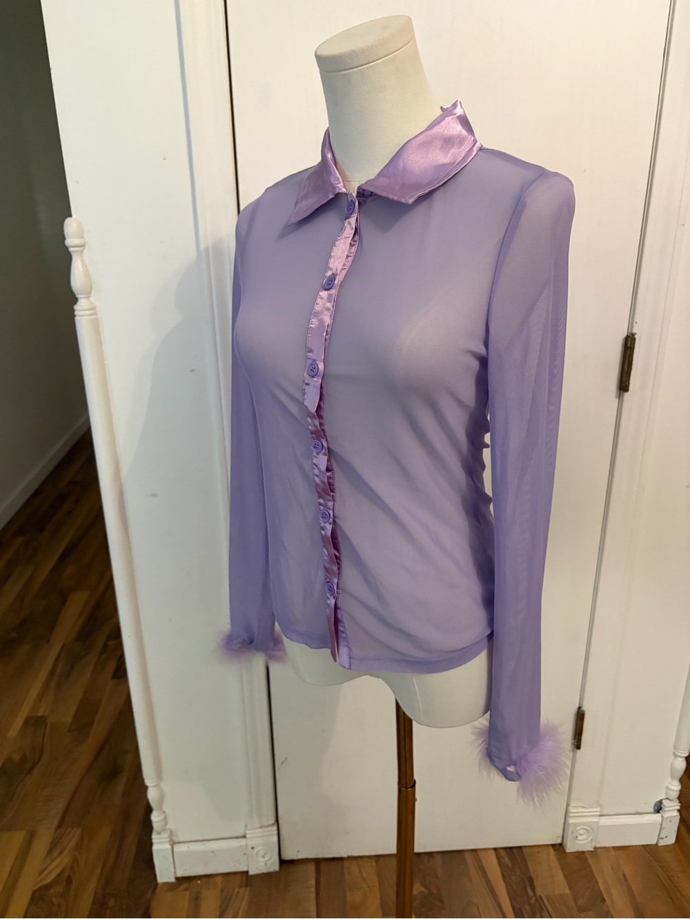 Lavender Sheer Button-Down Top with Satin Trim and Feathers on the Wrist, Small